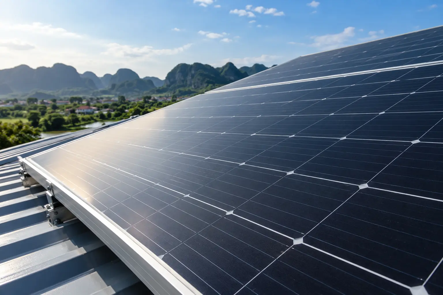 Cận cảnh tấm pin đơn tinh thể trên mái tôn
